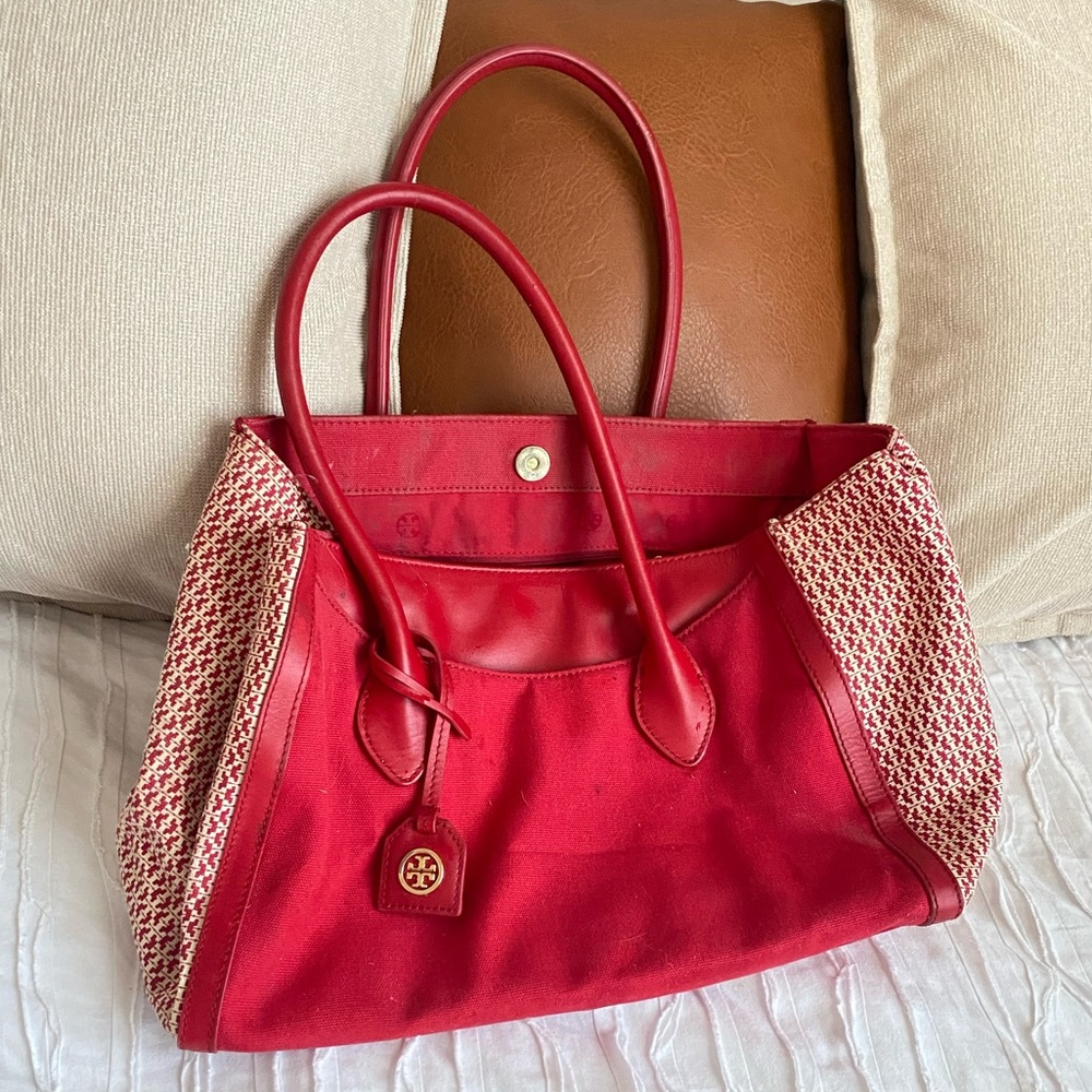 TORY BURCH ‘Savannah' Print Red Canvas Tote Bag B2925 Pre-Owned Designer Purse